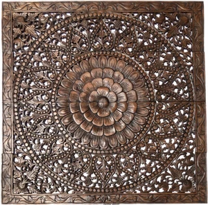 Large Squre Carved Wood Floral Wall Art Panel.Tropical Home Decor Asian 48" - Picture 1 of 5