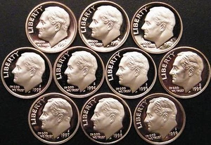 1990~1999 S Roosevelt Dime Gem Proof Clad Run 10 Coin Decade Set US Mint Lot - Picture 1 of 2