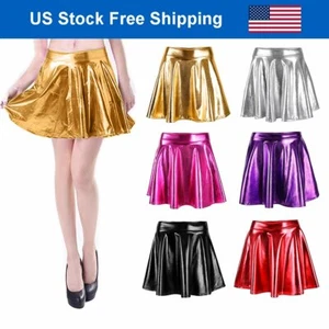 Sexy Women Shiny Metallic Skirt Wet Look Casual A-line High Waist Pleated Skirts - Picture 1 of 25