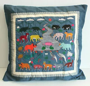 Vintage Hand Embroidered/Quilted Throw Pillow ~ Animals/Birds/Mountains/Stream++ - Picture 1 of 6