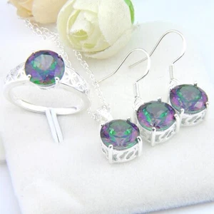 Jewelry Set Round 10MM Mystic Topaz Silver Drop Earrings Pendant Necklace Rings - Picture 1 of 5