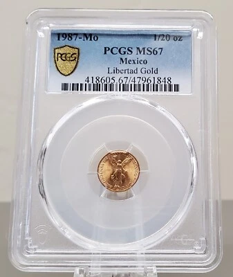 1987 1/20th Gold Onza Libertad Gem BU RARE COIN MEXICO PCGS MS67 Azteca  - Image 1 of 4