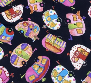 Loralie Harris Happy Camper Tipsy Trailers Toss Black Cotton Fabric .75Y #13 - Picture 1 of 3