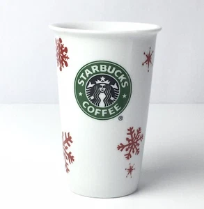 Starbucks Tumbler Mug 10 Oz Ceramic Double Wall 2010 Red Snowflakes - Picture 1 of 7