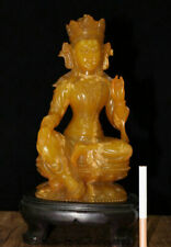 8" Natural Shoushan Stone Carved Tibet Buddhism Green Tara Goddess Lotus Statue