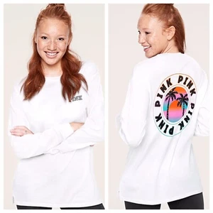 VS VICTORIAS SECRET PINK SHINE CAMPUS LONG SLEEVE TEE TOP PALM WHITE SHINE XS - Picture 1 of 6