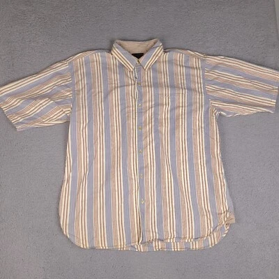 Sean John Shirt Mens XXL Beige Blue Striped Button Down Short Sleeve Embroidered - Image 1 of 4
