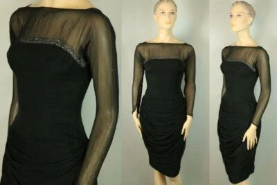 Vtg 50s Black Rhinestone Ruched Chiffon Rockabilly Cocktail Party Sheath Dress S - Image 1 of 4