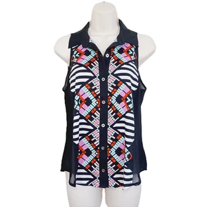 2b Bebe Womens Small Multicolor Black Background Sleeveless Button Down Blouse - Picture 1 of 10
