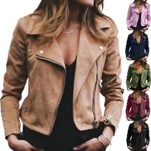 Giacca donna biker taglie forti slim fit donna ecopelle PU zip cappotto formale UK - Foto 1 di 25