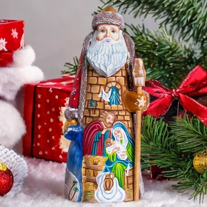 Wooden carved Santa Claus Figurine 9", Nativity scene Christmas decoration - Picture 1 of 9