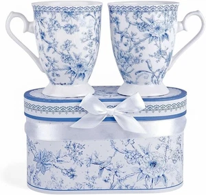 Blue Flowers Bone China Tea/Coffee Mug Set 4.3x3.5x4.13" (11x9x10.5 cm), - Picture 1 of 8