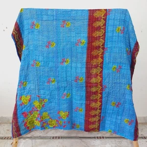 Vintage Cotton Indian Kantha Quilt Hand-Stitched Reversible Floral Print Gudari - Picture 1 of 4