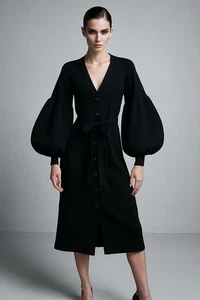 ANNE FONTAINE Pulloverkleid Rippstrick Gürtel Ballonärmel glatt schwarz MEDIUM - Bild 1 von 11