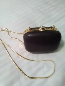 VINTAGE MINI BAG RICH BROWN LEATHER MINAUDIERE GOLDEN FRAME W/ CABOCHON SNAP - Picture 1 of 7