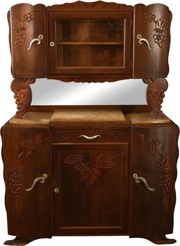 1920 Art Deco Buffet French Carved Grapes, Oak and Marble, MidCentury Mod Cover