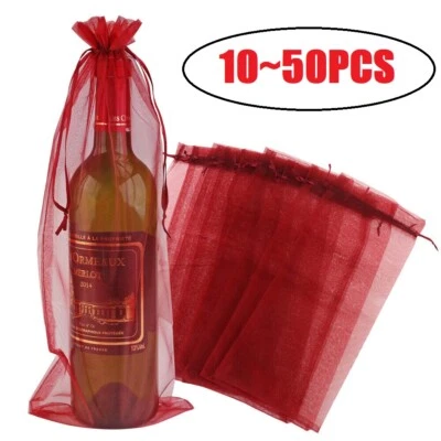 50X Sheer Organza Wine Bottle Gift Bags Cover For Holiday Party Wedding Wine Red - Image 1 of 4