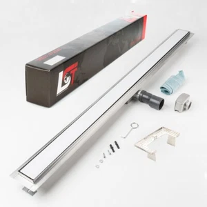 Duschrinne Glas weiß 1200x70mm Ablaufrinne Gitter mit Edelstahl Siphon Haarsieb - Bild 1 von 12