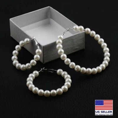 Fashion Women Large Pearl Hoop Circle Earrings Silver Boho Style Earrings Stud - Image 1 of 4