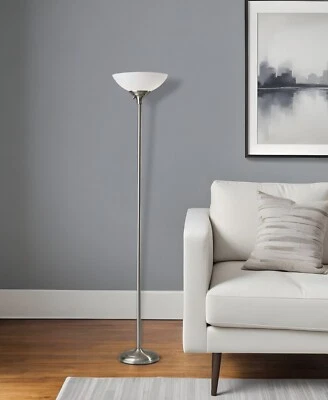 71" Torchiere Floor Lamp Silver Metal Base White Bowl Shade Modern Room Light - Image 1 of 4