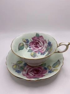 PARAGON Bone China Mint Green Cabbage Roses Tea Cup & Saucer READ - Picture 1 of 10