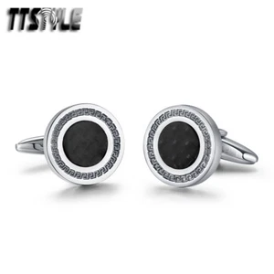 Quality TTstyle 316L Silver/Black Firbre Greek Key S.Steel Cufflinks NEW  - Picture 1 of 1