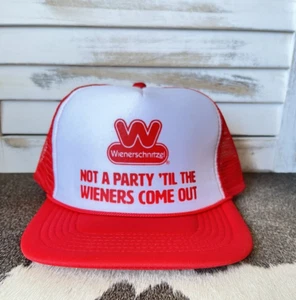 Wienerschnitzel NOT A PARTY 'TIL THE WIENERS COME OUT Baseball / Trucker HAT Red - Picture 1 of 4