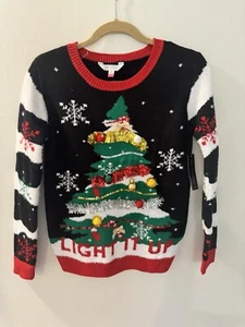 Neu mit Etikett Junior No Boundaries Weihnachtspullover Gr. M 7-9 schwarz Lametta LS Weihnachtsbaum - Bild 1 von 5