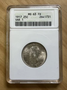1917 Type 1 Standing Liberty Quarter 25c ANACS MS 63 FH - Picture 1 of 10
