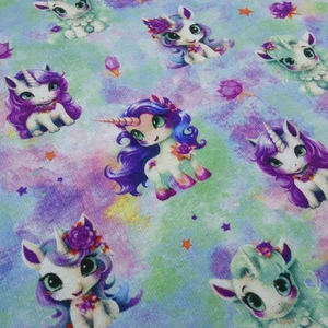 Stoff Sweatshirtstoff Alpenfleece Batik Einhorn minze lila grün bunt Kinderstoff - Bild 1 von 5