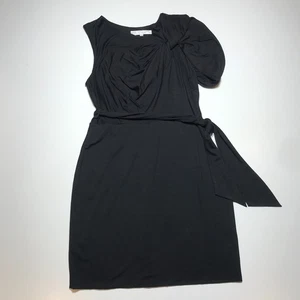 Trina Turk Raven Dress Size 12 Sheath Black Knot Shoulder Stretch Belted Rouched - Picture 1 of 15