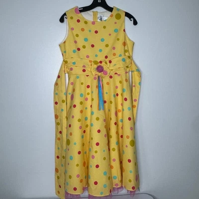 Rare Editions Yellow Multicolored Polka Dots Decorative Bow Dress Size 16 - Image 1 of 4