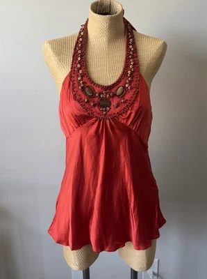 Top Halter Y2K BCBG Maxazria SEDA Cuentas Naranja IMPRESIONANTE Para Mujer Talla Med Nuevas Etiquetas Foto 1 de 4