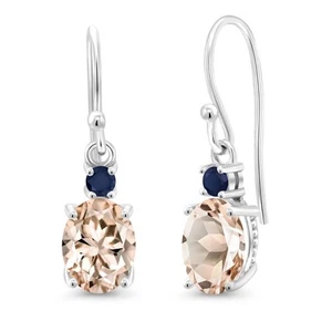 10K White Gold Dangle Earrings 2.20 Ct Oval Peach Morganite Blue Sapphire - Picture 1 of 5