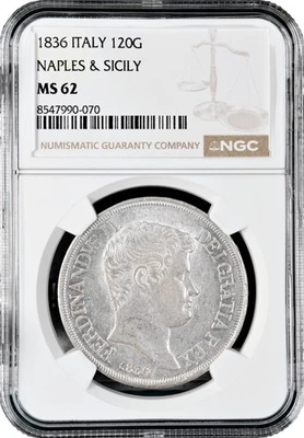 Naples & Sicily 120 grana 1836, NGC MS62, "King Ferdinand II (1830 - 1859)" - Image 1 of 2