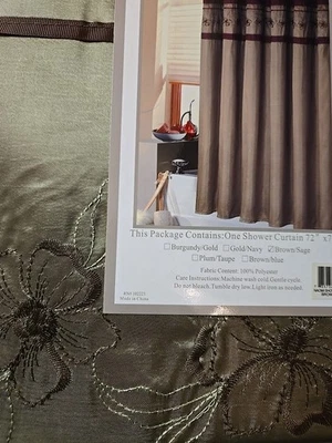 Naomi Shower Curtain Brown Sage Green Embroidered Floral Fabric NEW - Image 1 of 4
