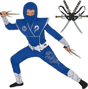 Kids Blue Silver Ninja Costume + Toys Boys Girls Samurai Warrior Suit Halloween - Picture 1 of 5