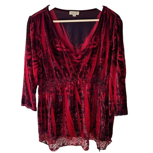 Top de terciopelo One World talla 2x cuello en V rojo encaje lentejuelas ribete boho artístico vacaciones * - Imagen 1 de 7
