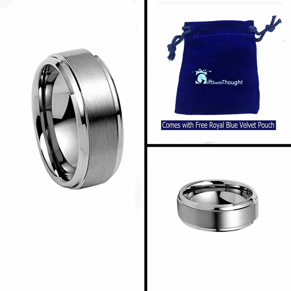 9mm Men's Genuine Tungsten Carbide Step Edge Brushed Center Wedding Band Ring  - Image 1 of 2