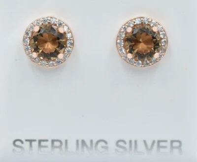 LAB CREATED 2.24 Cts SMOKY TOPAZ  & W/SAPPHIRE STUD EARRINGS .925 Silver - NWT - Image 1 of 3