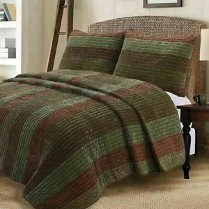 Queen Quilt Set Green Brown Stripe Rustic Mountain Cabin Lodge Farm Bedding 3pc - Picture 1 of 24