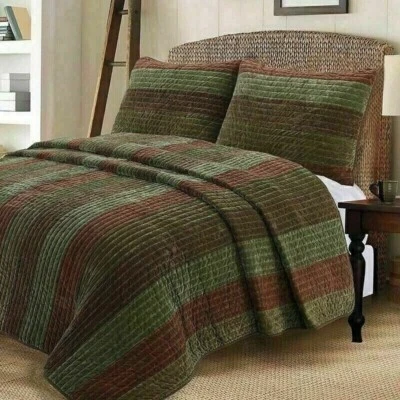 King Size Quilt Set Bedding Rustic Mountain Cabin Lodge Farm Brown Green 3Pc - Image 1 of 4