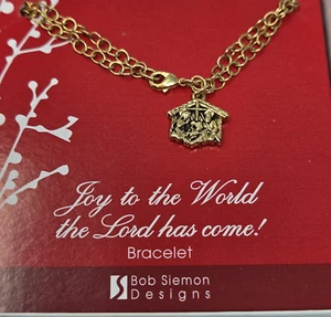 Bob Siemon "Joy to the World" Bracelet Gold-tone Holiday Blessing Manger  ~7.5" - Picture 1 of 11