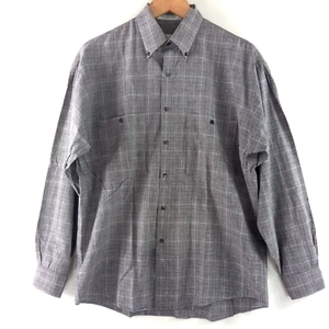 Portfolio Perry Ellis Button Down Shirt Men's Size Medium Black Gray Plaid Work - Picture 1 of 10