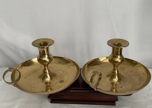 2 Vintage Brass Chamberstick Candle Holder With Thumb Loop - Picture 1 of 9