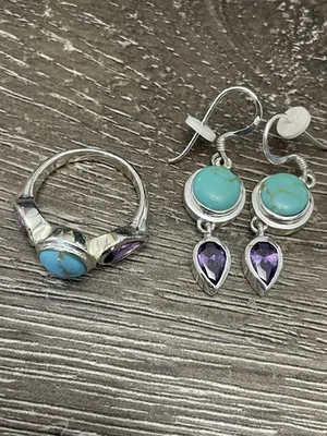 925 Sterling Silver Ring & Earrings Set Turquoise Amethyst Gemstones Size 8 - Image 1 of 3