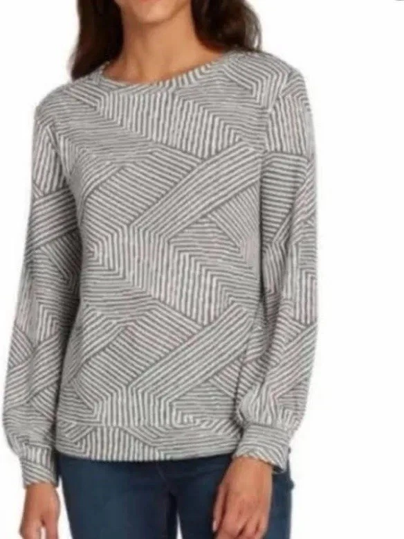 Ellen Tracy Gray/White Striped Pullover LS Sweater Top, Size XL — 第 1/1 张图片