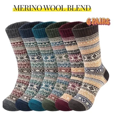 Unisex Merino Wool Blend Retro Ethnic Crew Socks OS Winter Warm Anti-Slip 6 Pack - Image 1 of 4