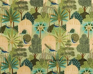 Indian Peacock Print Boho Cotton Green Luxury Soft Dress Making Fabric by Yard - Picture 1 of 5