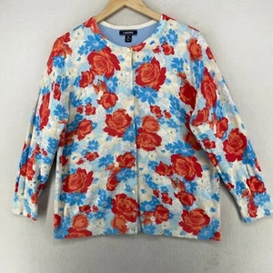 LANDS END Sweater 1X 16-18 Floral Button Up Cardigan Grandma Cotton Red Blue - Picture 1 of 12